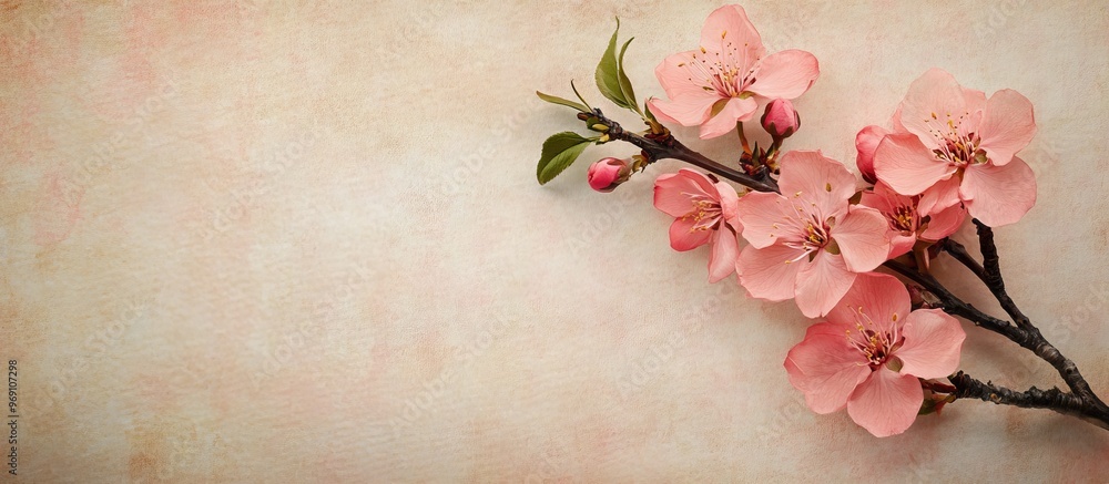Leinwandbilder spring peach blossoms on an old antique vintage paper backdrop. with copy space image. place for add