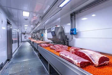 Industrial Meat Processing Conveyor Belt with Raw Beef