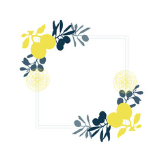 Circle frame with Olives and lemons. Hand drawn round line border, leaves and flowers, wedding invitation and cards, logo design and posters template. Elegant minimal style floral vector isolated 