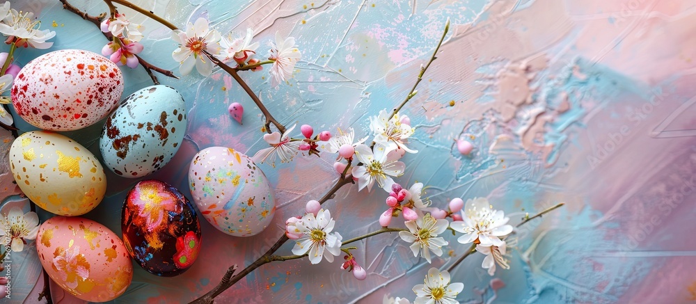 Aufkleber easter decor flower arrangement featuring colorful eggs. with copy space image. place for adding tex