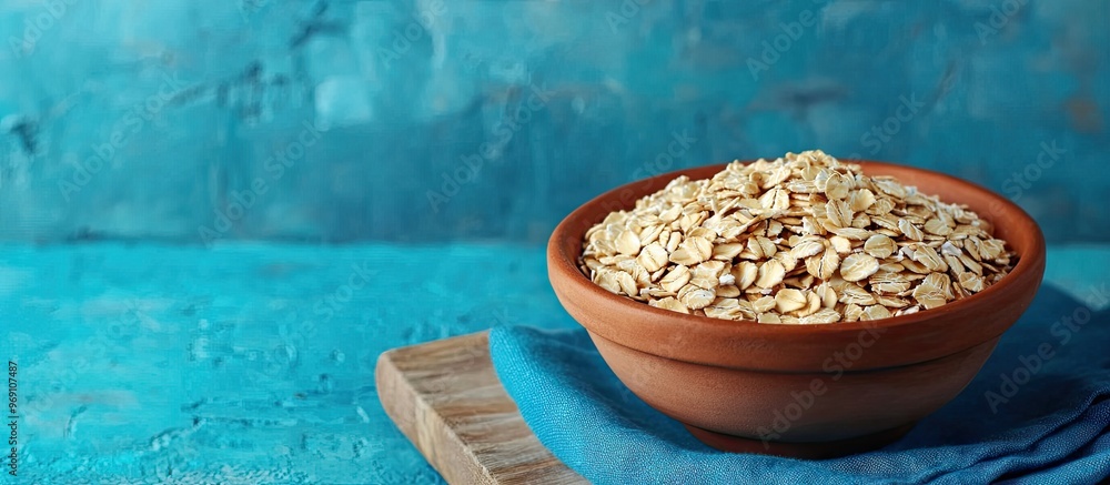 Aufkleber Oat flakes in a clay bowl on a blue linen napkin Dry rolled oats on wooden boards Healthy eating idea. with copy space image. Place for adding text or design