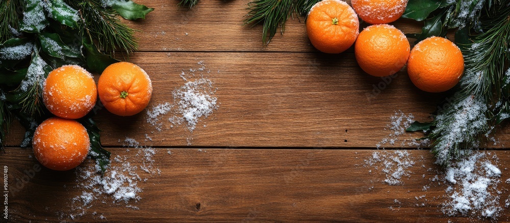 Poster wooden background for christmas featuring snow and tangerines top view with copy space flat lay chri