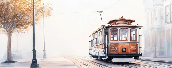 Elegant watercolor painting of the rear view of a classic trolley car in San Francisco, pastel color palette, gentle brush strokes, nostalgic atmosphere, foggy morning backdrop
