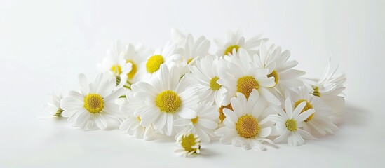 Obraz premium Elegant floral arrangement featuring chamomile flowers and a greeting card on a colored background. with copy space image. Place for adding text or design