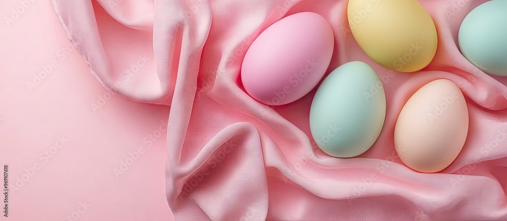 Leinwandbilder colorful easter eggs on a pink fabric background top view flat lay. with copy space image. place for