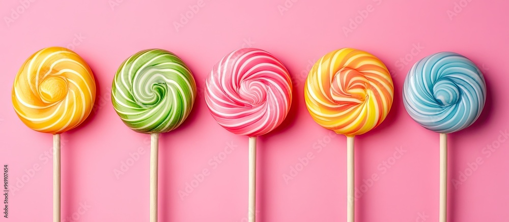 Leinwandbilder top view of brightly colored swirl lollipops on wooden sticks set against a pink background. with co