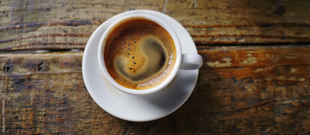 Poster A top view of a cup of espresso on a background of coffee beans with a shallow depth of field. with copy space image. Place for adding text or design