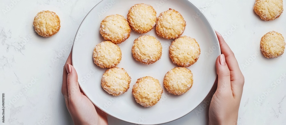 Fototapete coconut biscuits on a white plate held in someone s hand top view flat lay. with copy space image. p