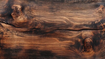 Naklejka premium A close-up view of dark, textured wooden surface with natural patterns.