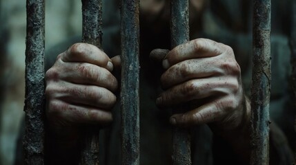 Obraz premium An Intense and Gritty Portrait of a Relentless Prisoner Behind Bars in Captivity