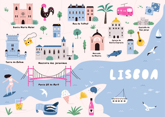 Naklejka premium Hand-Drawn vector illustrated map of Lisbon with famous landmarks, symbols. Custom cute design for journals, posters, books, prints