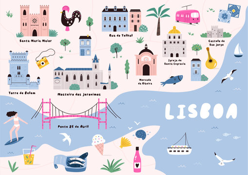 Hand-Drawn vector illustrated map of Lisbon with famous landmarks, symbols. Custom cute design for journals, posters, books, prints