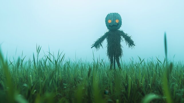 Eerie scarecrow standing in a foggy field.