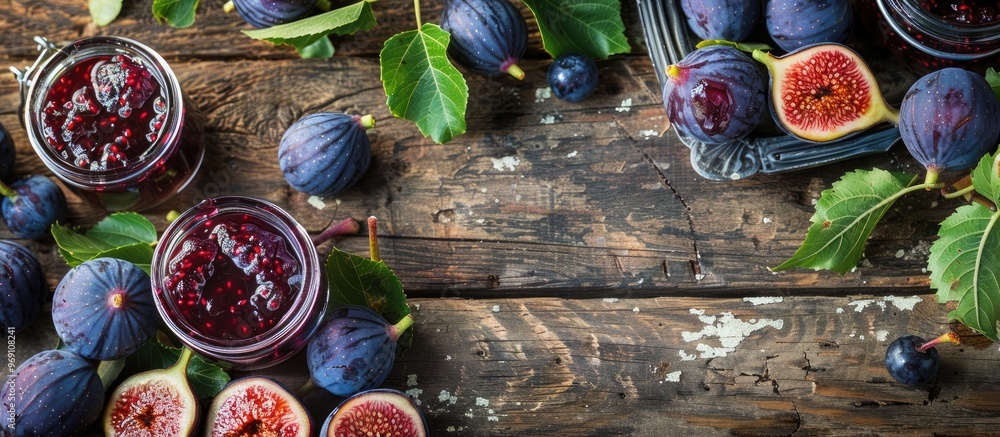Fototapete flat lay arrangement featuring tasty fig jam on a wooden table room for text. with copy space image.