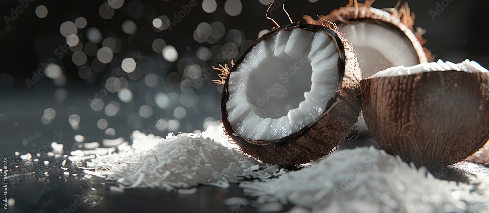 Poster creative image of a halved coconut and coconut flakes on a dark backdrop. with copy space image. pla