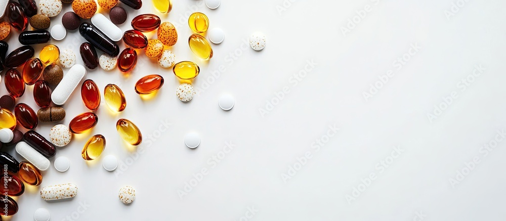Poster Supplements and vitamins against a white background Selective focus Medicine. with copy space image. Place for adding text or design