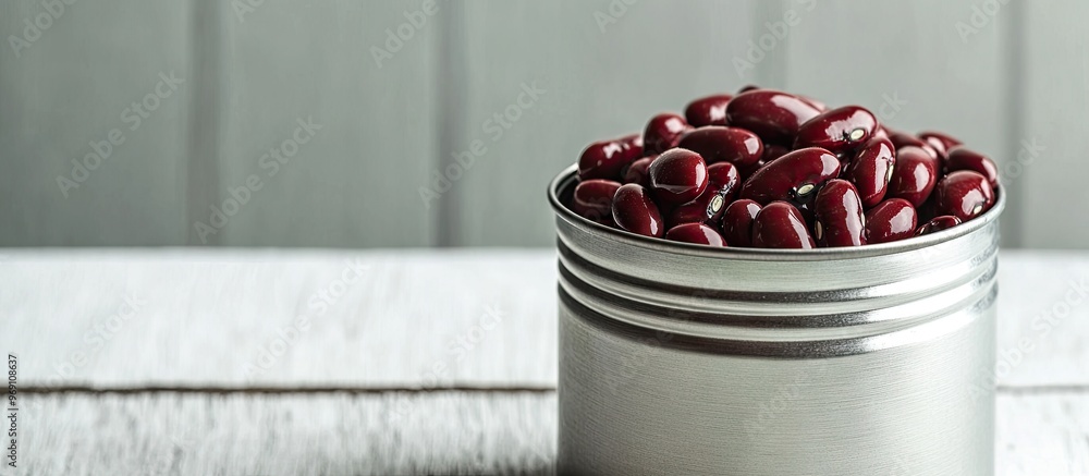 Poster Tin can containing kidney beans on a white wooden table with copyspace available