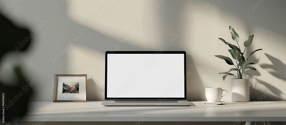 Aufkleber Mockup laptop with a blank screen a picture frame and a coffee cup on a white table. with copy space image. Place for adding text or design