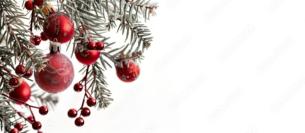 Poster Christmas decorations set against a white background. with copy space image. Place for adding text or design