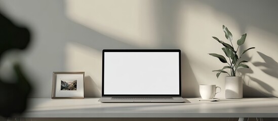 Obraz premium Mockup laptop with a blank screen a picture frame and a coffee cup on a white table. with copy space image. Place for adding text or design