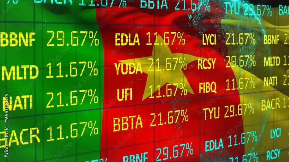 Poster animation of financial data processing over map of cameroon