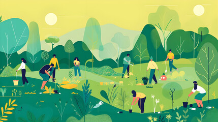 Diverse group of people planting trees in an urban park, promoting sustainability, community, and environmental awareness. Concept of volunteering, teamwork, and green living