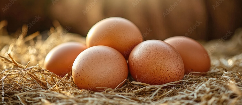 Aufkleber Close up of fresh brown eggs on hay. with copy space image. Place for adding text or design