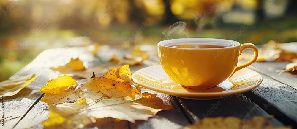 Poster Yellow leaves beside a cup of autumn tea Selective focus Nature. with copy space image. Place for adding text or design