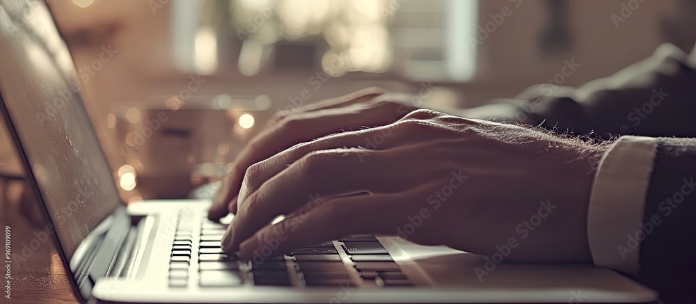 Poster Close up of a man s hand using a laptop with a selective focus and a vintage effect style. with copy space image. Place for adding text or design