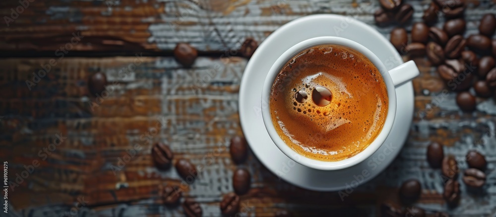 Poster A top view of a cup of espresso on a background of coffee beans with a shallow depth of field. with copy space image. Place for adding text or design