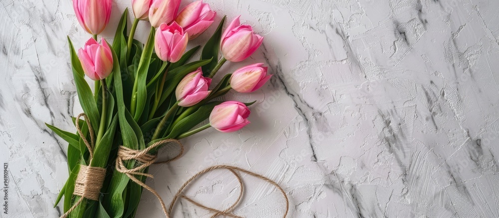 Poster A bouquet of pink tulips set against a background of white bricks intertwined with craft thread twine. with copy space image. Place for adding text or design