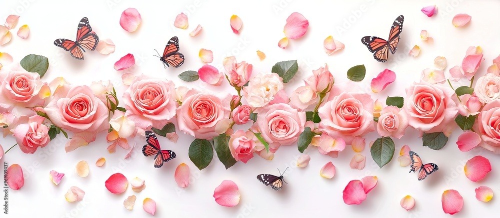 Fototapete pink roses petals and butterfly garland in a vertical repeating pattern studio shot isolated on white. with copy space image. Place for adding text or design