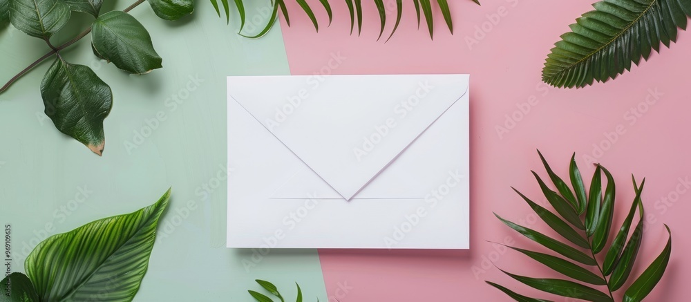 Aufkleber invitation layout featuring leaves blank greeting cards an envelope and a blank sheet of paper set a