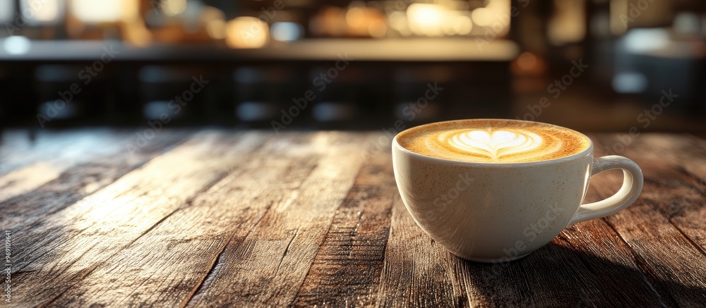 Poster Close up of a mocha latte coffee cup on a wooden table. with copy space image. Place for adding text or design