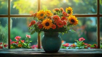 Fototapeta premium Indoor Oasis: Fresh Flowers Meet Lush Greenery Through a Sunlit Window