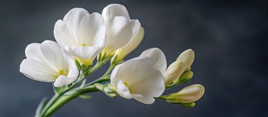 Fototapeta premium Close up of white Freesia Associated with St Valentine s Day birthdays weddings engagements and other celebrations. with copy space image. Place for adding text or design