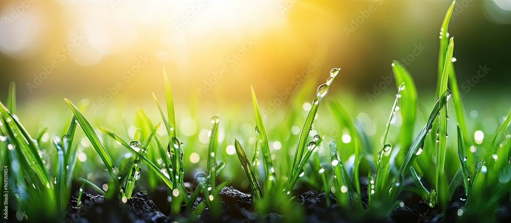Fototapete Dew drops on newly sprouted spring grass in the morning with space for text High quality image. with copy space image. Place for adding text or design