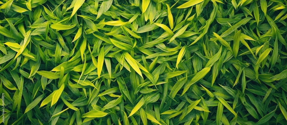 Aufkleber Green grass on a yellow background Copy space for text Flat lay style View from above