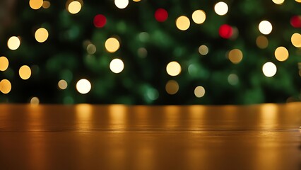 Empty wooden table with defocused Christmas lights and tree in the background with copy space. Holiday bokeh lights concept. Design for greeting card, invitation, and banner