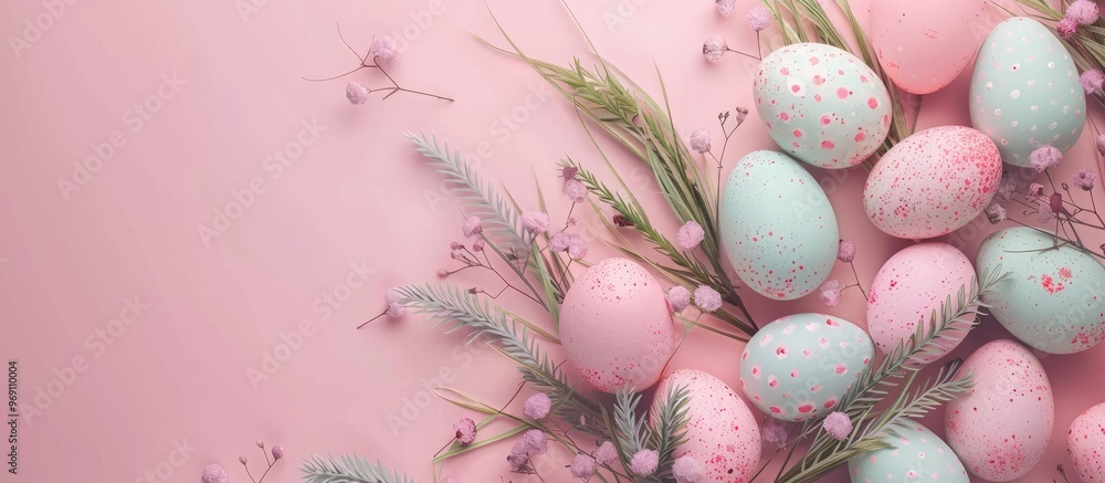 Poster Delicate and beautiful Easter background featuring Easter eggs painted in pastel shades Top view flat lay. with copy space image. Place for adding text or design