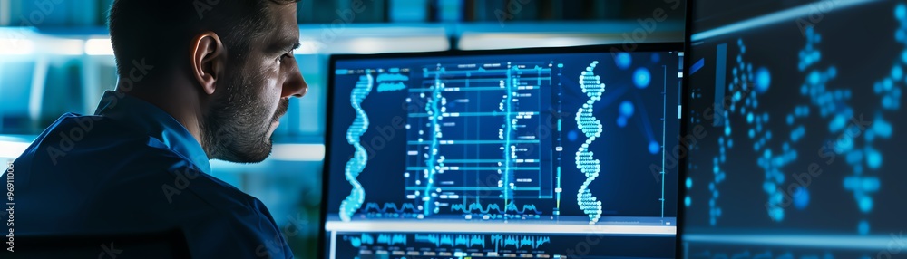 Poster a researcher analyzing dna sequencing data on a computer