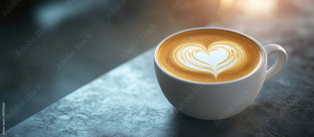 Poster delicious beverage a cup of cappuccino coffee adorned with a heart design on brown milk froth in a w
