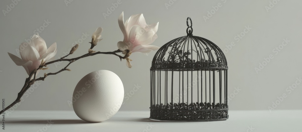 Aufkleber easter still life featuring an egg and a decorative cage against a white background. with copy space