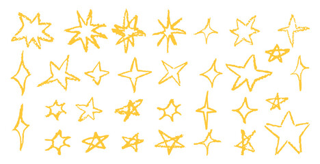 Set of fun like kid drawing yellow stars. Collection of wax pencil texture geometric elements. Night sky symbols scribble, doodle. Squiggles in children style. Rough crayon, chalk vector illustration