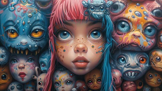illustration of a girl with pink hair accompanied by colorful monsters