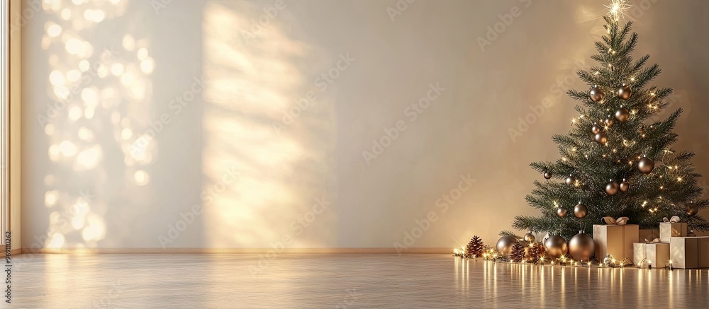 Aufkleber Indoor Christmas Light Display with Tree and Ornaments. with copy space image. Place for adding text or design