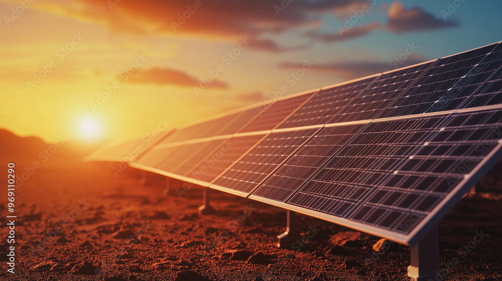 Poster a high-tech solar panel array on the surface of mars, representing the potential of green energy bey