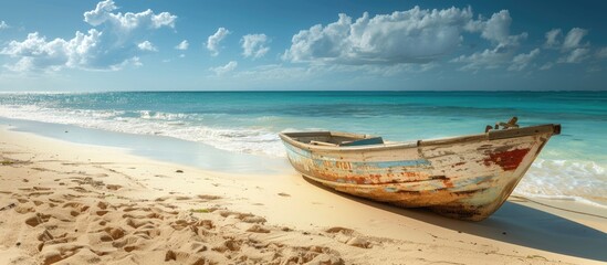 Empty boat on a sandy beach on a sunny day A large aged white boat on the sandy shore is prepared to sail on a bright day at the beach. with copy space image. Place for adding text or design