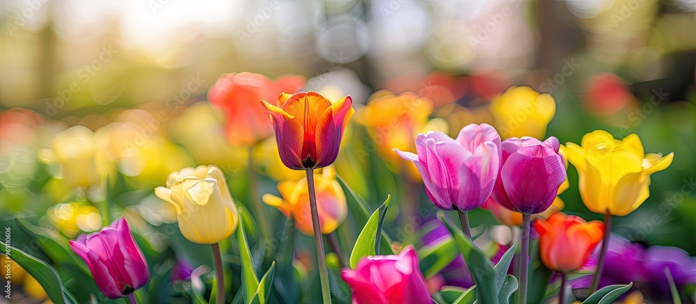 Aufkleber Tulips set against a background of a cloudy sky. with copy space image. Place for adding text or design