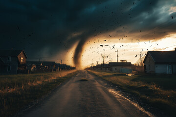 Obraz premium A powerful tornado approaches a rural village at sunset, casting a dramatic and ominous atmosphere over the deserted road and homes in its path